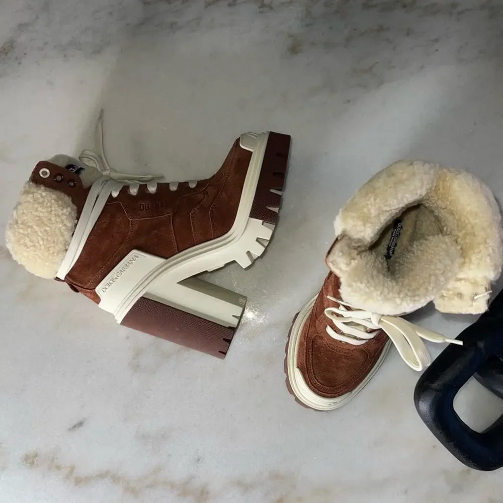 New Dolce & Gabbana Trekking Shearling Biker Ankle Boots in Burnt Brown/Neutral - Picture 9 of 12